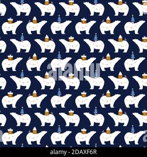 Frohe Weihnachten! Nahtloses Muster mit Eisbären Stockillustration. Arktis, Tier, Kunst, Hintergründe, Bär Stock Vektor