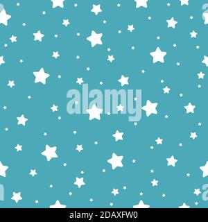 Nahtloses Sternmuster. Weißer und blauer Retro-Hintergrund. Chaotische Elemente. Abstrakte geometrische Form Textur. Effekt des Himmels. Designvorlage Stock Vektor