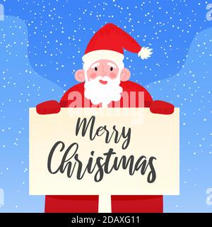 Happy Santa Claus hält Schild mit fröhlichen Weihnachtsgrüßen. Lächelnder Papa Noel hinter Feier Banner, auf blau verschneiten Hintergrund. Vektor Stock Vektor
