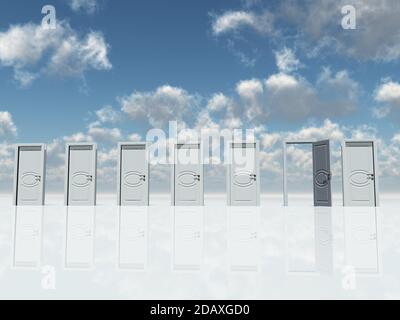 Einzelne offene Tür unter mehreren in surrealer Landschaft. 3D-Rendering Stockfoto