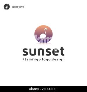 flamingo Vogel mit Sonnenuntergang Logo Design Stock Vektor