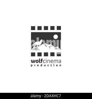 Negativfilm mit Silhouette Wolf für Filmproduktion Logo Design Stock Vektor