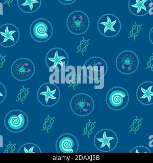 Muster für Jungen. Meeresmotiv. Nahtloses Muster mit Muschel, Krabben und Seesternen auf hellblauem Hintergrund. Seilkreise. Stock Vektor