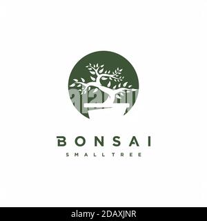 Bonsai-Logo-Design. Japanische Mini kleine Pflanze Baum auf Topf Silhouette Logo-Design Stock Vektor