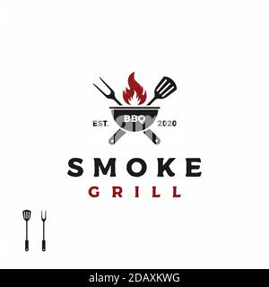 Vintage Grill Grill Barbecue bbq mit gekreuzten Gabel und Spatel Mit Feuerflamme Logo Design Stock Vektor