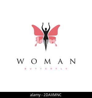 Beauty Woman Silhouette mit Flying Butterfly Logo Design. Stock Vektor