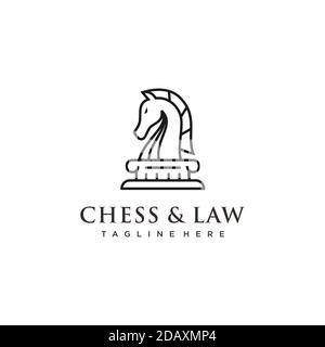 Linie Kunst Ritter Pferd Schach und Gesetz Logo Design Inspiration Stock Vektor