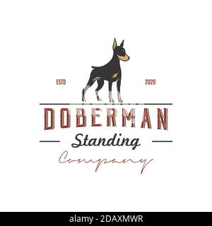 Silhouette eines stehenden Doberman-Hundes im Retro-Vintage-Stil Logo-Design Stock Vektor