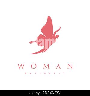 Beauty Woman Silhouette mit Flying Butterfly Logo Design. Stock Vektor