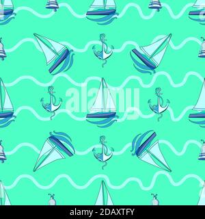 Muster für Jungen. Meeresmotiv. Nahtloses Muster mit Booten, Anker und Bäuchen auf helltürkisfarbenem Hintergrund. Weiße Wellen. Pastellfarben. Stock Vektor