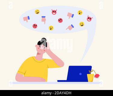 Cybermobbing-Konzept. Verärgerte Frau beim Lesen missbräuchlicher Online-Nachrichten am Laptop. Vektorgrafik flach. Stock Vektor
