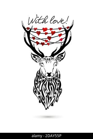 Hirsch mit Herzen auf den Hörnern. Alles Liebe zum Valentinstag. Mit Liebe. Vektorgrafik Stock Vektor