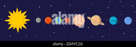 Cartoon Bunte Solar-System. Sonne und Planeten in ihren Umlaufbahnen auf Weltraumhintergrund. Vektor-Illustration für Kinder Bildungsmaterialien, Kinder Wissenschaft Bücher, Tapeten, Poster, Karten. Stock Vektor