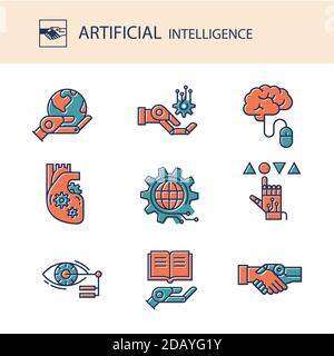 Eine Sammlung von farbigen Ikonen der künstlichen Intelligenz in einem linearen Stil isoliert auf einem weißen Hintergrund. EPS 10. Stock Vektor