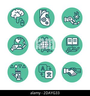 Eine Sammlung von Vektor linear farbigen Roboter-Icons und künstliche Intelligenz isoliert auf einem weißen Hintergrund. EPS 10. Stock Vektor