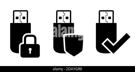 Schutz von USB-Sticks und Sicherheitssymbole oder Vektorsymbole Stock Vektor