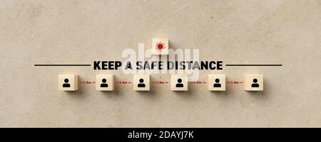 Holzwürfel mit Personen-Icons und die Nachricht HALTEN EIN SICHERHEITSABSTAND auf Papierhintergrund - 3d-Abbildung Stockfoto