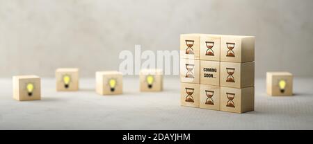 Würfel zeigen eine Brainstorming-Sitzung auf Papieroberfläche und Beton Hintergrund - 3d-Illustration Stockfoto