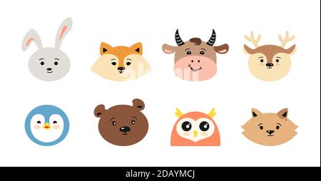 Niedliche Tiergesichter gesetzt. Weihnachten Kopf Hirsch und Fuchs, Bär und Katze, Stier, Eule oder Pinguin. Handgezeichnete Sammlung Charakter Cartoon-Stil Stock Vektor