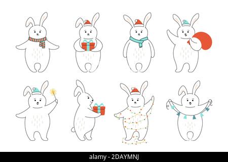 Weihnachten Kaninchen Linie Cartoon-Set. Umriss niedlichen Hasen mit rotem Hut, Geschenk, Girlande. Neujahr Tier coney in verschiedenen Posen. Lustige Tiere Winter feiern Stock Vektor