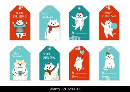 Weihnachten Tag Set, Cartoon Katze. Papier Etikett niedlich Vektor Kätzchen. Handgezeichnete lustige Cartoon Katzen. Neues Jahr Kollektion Tiere Vorlage Label. Frohes neues Jahr, Frohe Weihnachten. Vektor mit Tierzeichen Stock Vektor