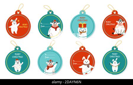 Weihnachtskarten in Farbe mit Tieren, Stier und Hase. Cartoon Papier Tag Label niedlich Vektor. Handgezeichnetes lustiges Tier. Etikett mit Vorlage für die Kollektion für das neue Jahr. Frohes neues Jahr, frohe Weihnachten Stock Vektor