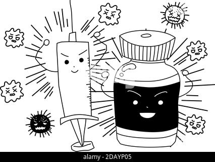 Dies ist eine Illustration von Monochrome niedlichen Virus Präventivimpfstoff Einspritzung Stock Vektor