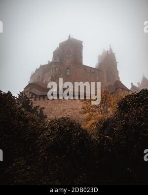 Schloss Kreuzenstein in Österreich im Herbst an einem nebligen Morgen Stockfoto