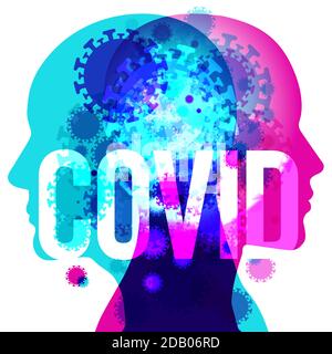 Eine männliche und weibliche Silhouette, die sich hinten an der Rückseite befindet, überzogen mit unterschiedlich großen, sich überlappenden halbtransparenten Coronavirus-Formen und dem Wort „COVID“. Stock Vektor