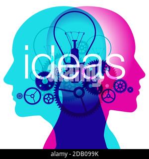 2-Personen-Silhouette an der Seite mit durchsichtigen Glühlampen und Zahnradformen in verschiedenen Größen. Zentral gelegen ist das Wort "Ideen". Stock Vektor