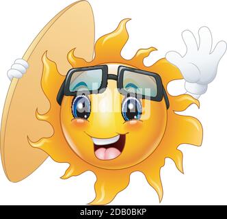 Happy Cartoon Sonne Charakter mit Surfbrett Stock Vektor