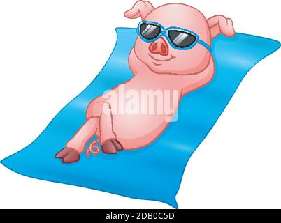 Cartoon-Illustration von Ferkeln Sonnenbaden am Strand Stock Vektor