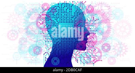 Eine weibliche Seitensilhouette, die zentral positioniert ist - überlagert mit einem Muster aus Leiterplatten-, Computer-, Elektronik- und mechanischen Zahnradformen. Stock Vektor