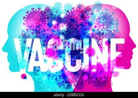 Eine männliche & weibliche Rücken an Rücken Silhouette mit verschiedenen Größen semi-transparente Coronavirus Formen überlagert. Das Wort „IMPFSTOFF“ ist zentral platziert. Stock Vektor