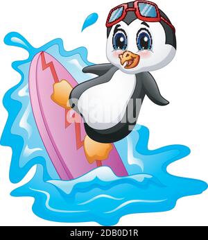Cartoon-Illustration von Pinguin Surfen auf dem Wasser Stock Vektor