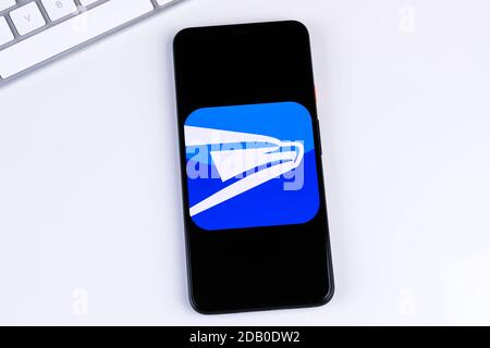USPS MOBILE (United States Postal Service) App-Logo auf einem Smartphone-Bildschirm. Stockfoto