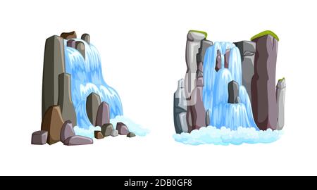 Wasserfall Kaskaden in den Bergen mit Vorder- und Seitenblick. Wasserfälle isoliert in weißem Hintergrund. Vektorgrafik im Cartoon-Stil Stock Vektor