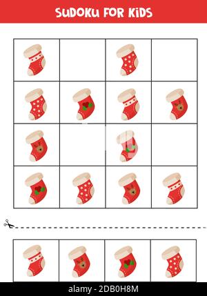 Logisches Spiel Sudoku mit Cartoon Weihnachten Socken. Stock Vektor