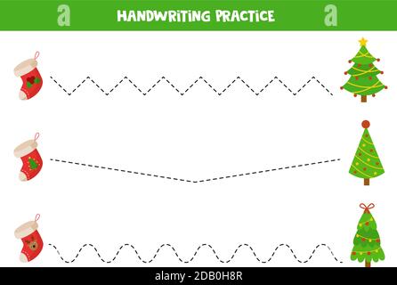 Verfolgen Sie die Linien mit Cartoon Weihnachtsstrümpfe und Bäume. Stock Vektor