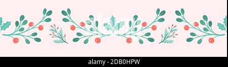 Weihnachten Banner Hintergrund. Sweet Festive Banner von Stechpalme, Beeren und Laub, Vektor saisonal nahtlose Wiederholung. Stock Vektor