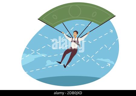 Unternehmensversicherung, Geldgewinn, finanzielles Erfolgskonzept. Geschäftsmann Schreiber Manager Cartoon Figur Landung mit Fallschirm. Unterstützung für sofortige Reaktion und professionelle Darstellung des Ansatzes. Stock Vektor