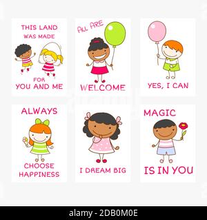 Set von Vektor-Banner mit Affirmationen für Kinder Spielzimmer. Niedliche inspirierende Karte mit afrikanischen und kaukasischen Jungen und Mädchen. Motivationszitat für g Stock Vektor