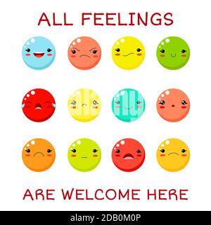 Alle Gefühle sind hier willkommen. Vektor-Banner mit Affirmation für Kinder Spielzimmer. Niedliche inspirierende Karte mit Emojis und Schriftzug. Motivierendes Zitat Stock Vektor