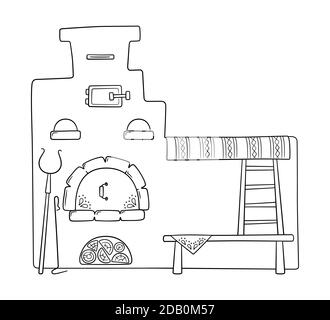 Handgezeichneter traditioneller russischer Ofen mit Griff, Töpfen, Poker und Brennholz. Vektorgrafik Stock Vektor