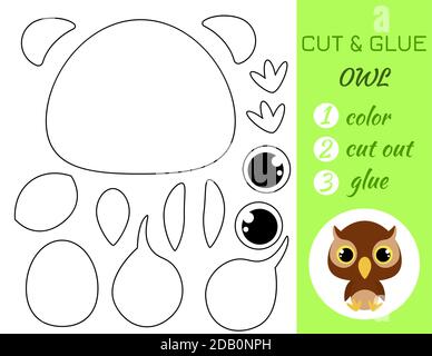 Einfache pädagogische Spiel Färbung Seite geschnitten und kleben sitzende Baby Eule für Kinder. Pädagogische Papier Spiel für Vorschulkinder. Farbe, Schnittteile und Kleber Stock Vektor
