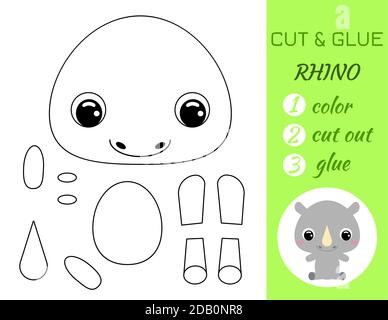 Einfache pädagogische Spiel Färbung Seite geschnitten und kleben Baby Nashorn für Kinder sitzen. Pädagogische Papier Spiel für Vorschulkinder. Farbe, Schnittteile und gl Stock Vektor