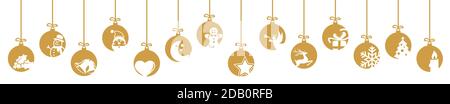 Sammlung von hängenden Kugeln gefärbt Gold mit verschiedenen abstrakten Symbole für Weihnachten und Winter Konzepte Stock Vektor
