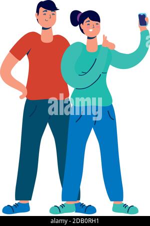 Junges Paar mit Smartphone-Technologie Zeichen Vektor Illustration Design Stock Vektor