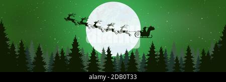 eps-Vektordatei zeigt eine Silhouette von Weihnachtsmann mit Schlitten und Rentier über einem Wald mit Vollmond, Hintergrund grün gefärbt Stock Vektor