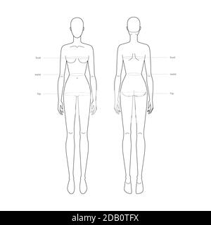 Frauen Standard Körperteile Terminologie Messungen Illustration für Kleidung und Accessoires Produktion Mode Dame Größentabelle. 9 Kopf Mädchen für Website und Online-Shop. Vorlage für Infografik zum menschlichen Körper Stock Vektor